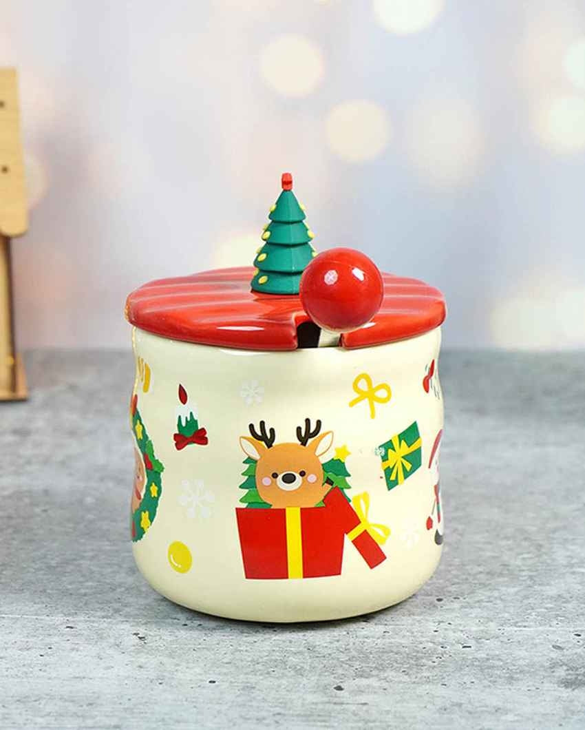 Snowman with Tree Ceramic Christmas Mug with Lid and Spoon Set | 4 x 5 inches