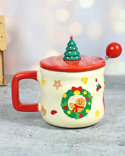 Snowman with Tree Ceramic Christmas Mug with Lid and Spoon Set | 4 x 5 inches