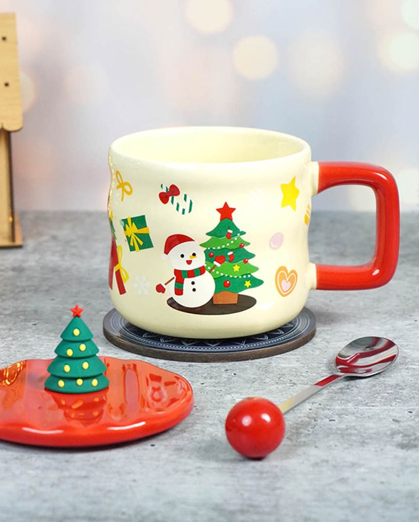 Snowman & Tree Ceramic Christmas Mug | 4 x 5 x 5 inches