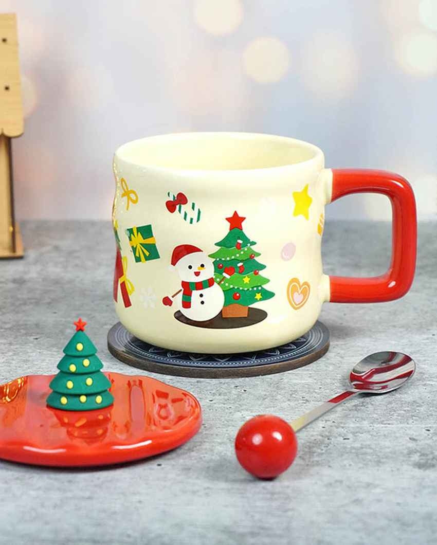 Snowman with Tree Ceramic Christmas Mug with Lid and Spoon Set | 4 x 5 inches