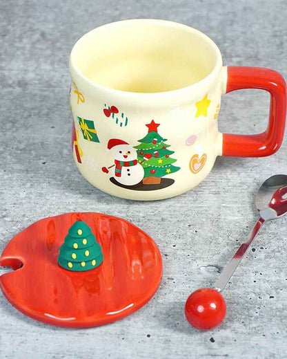 Snowman with Tree Ceramic Christmas Mug with Lid and Spoon Set | 4 x 5 inches