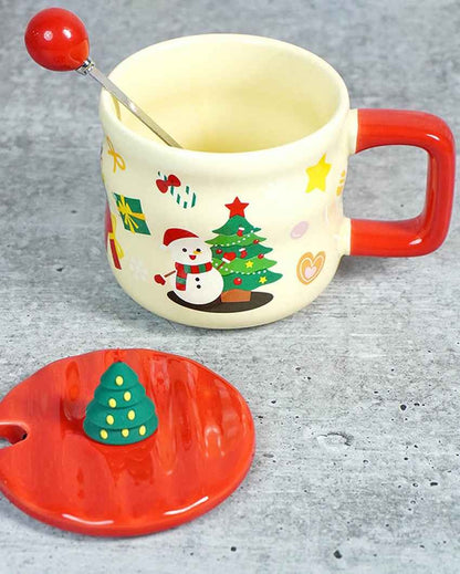 Snowman with Tree Ceramic Christmas Mug with Lid and Spoon Set | 4 x 5 inches