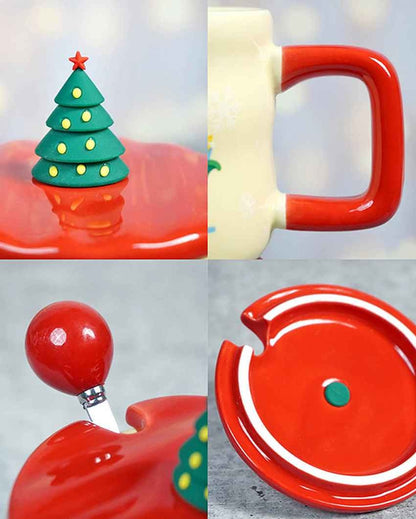 Snowman with Tree Ceramic Christmas Mug with Lid and Spoon Set | 4 x 5 inches