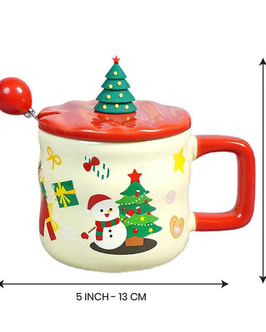 Snowman with Tree Ceramic Christmas Mug with Lid and Spoon Set | 4 x 5 inches