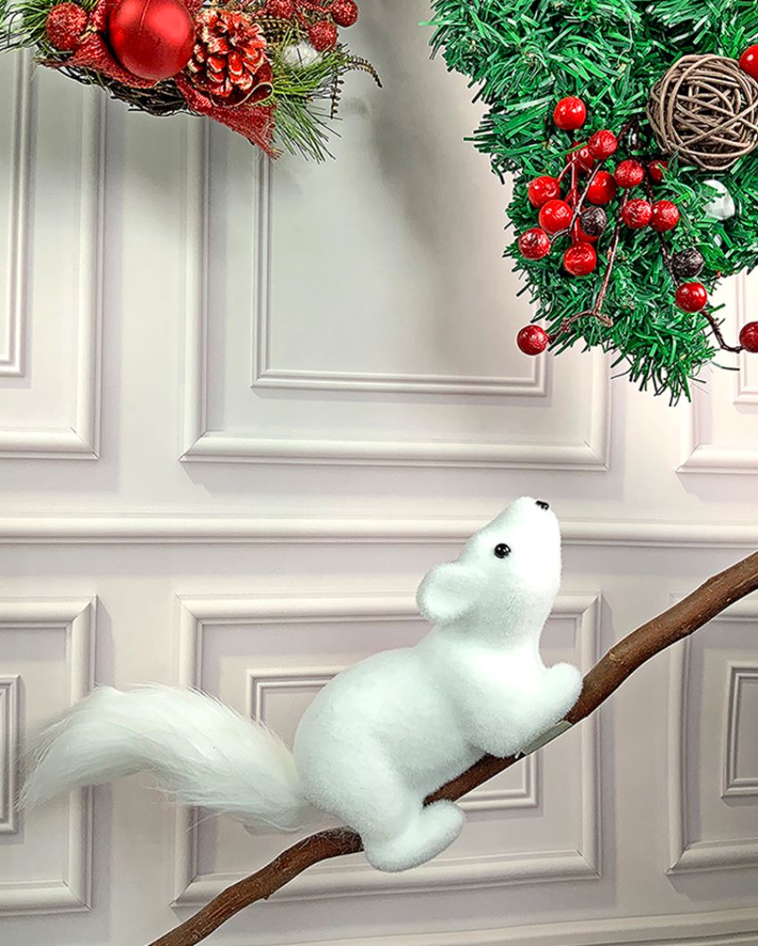 Winter Squirrel With Twig Stem Woolen Christmas Decor | 20 x 5 x 12 inches