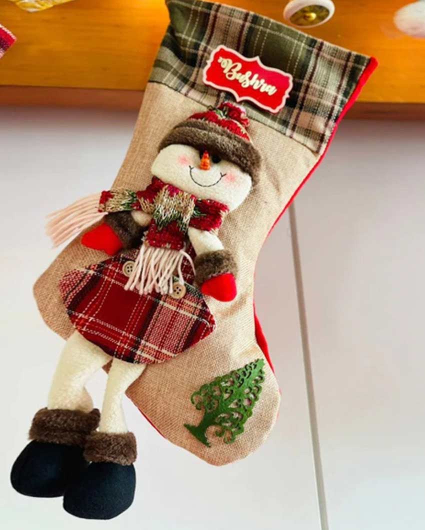 Whimsical Jute Snowman Christmas Stocking | 22 x 10 x 5 inches