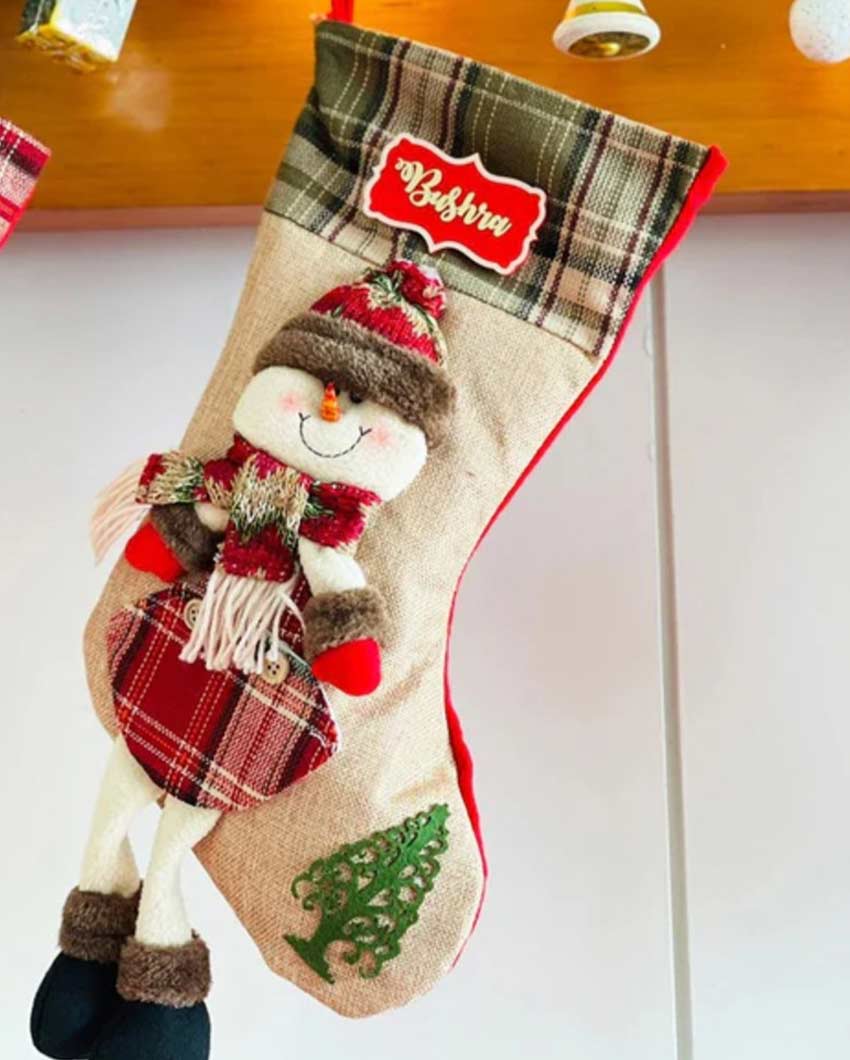 Whimsical Jute Snowman Christmas Stocking | 22 x 10 x 5 inches