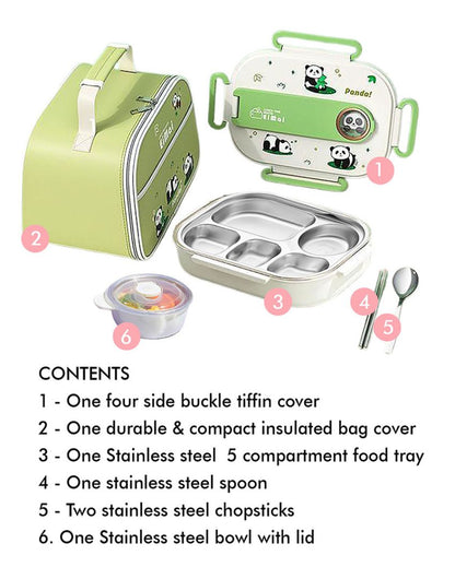 2D Panda Stainless Steel Lunch Box Set With Insulated Matching Lunch Bag For Kids & Adults | 1500 ml