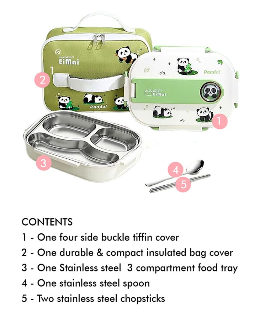 2D Panda Stainless Steel Lunch Box Set With Insulated Matching Lunch Bag For Kids & Adults | 1000 ml