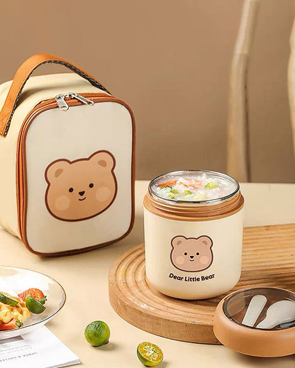 Bear Theme Stainless Steel Spoon & Soup Salad Tiffin Box with Insulated Bag