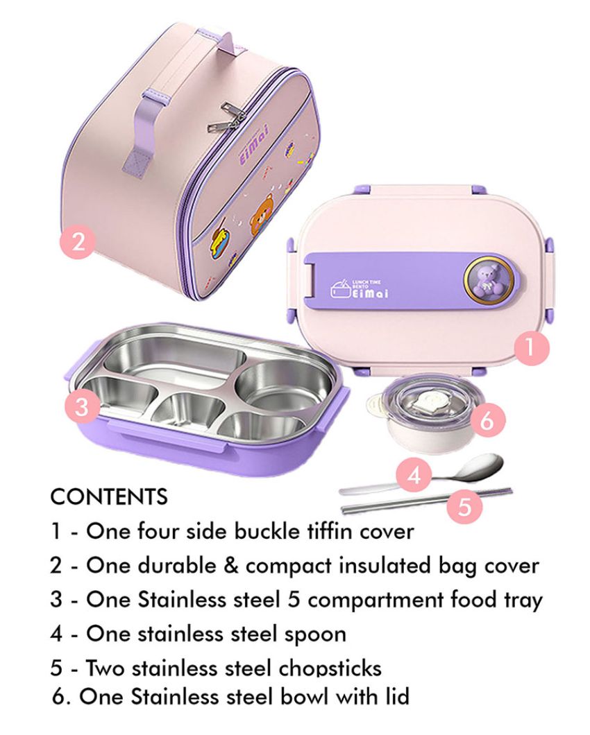 Purple Teddy Stainless Steel Lunch Box With Insulated Matching Lunch Bag For Kids & Adults | 1500 ml