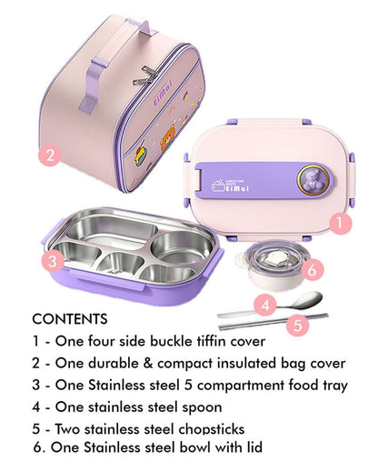 Purple Teddy Stainless Steel Lunch Box With Insulated Matching Lunch Bag For Kids & Adults | 1500 ml