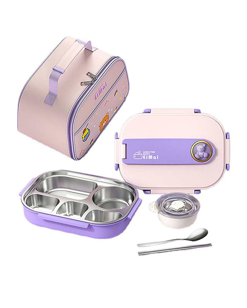 Purple Teddy Stainless Steel Lunch Box With Insulated Matching Lunch Bag For Kids & Adults | 1500 ml