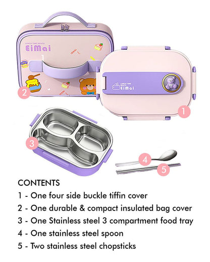 Purple Teddy Stainless Steel Lunch Box Set With Insulated Matching Lunch Bag For Kids & Adults | 1000 ml