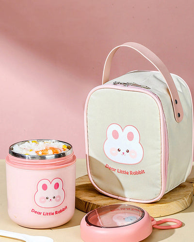 Rabbit Theme Stainless Steel Spoon & Soup Salad Tiffin Box with Insulated Bag