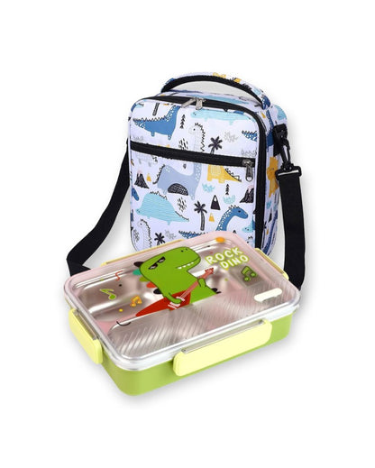 Rock Dino Stainless Steel Lunch Box with Matching Bag | 8 x 10 x 2 inches