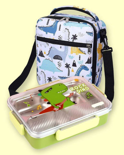 Rock Dino Stainless Steel Lunch Box with Matching Bag | 8 x 10 x 2 inches