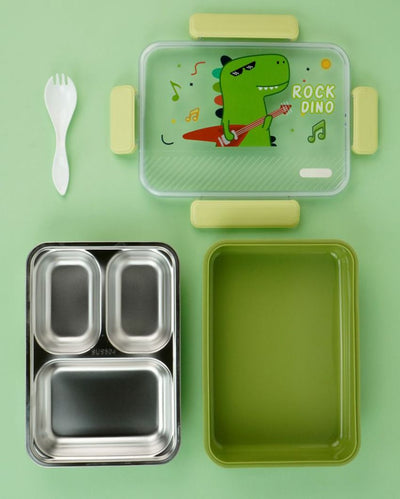 Rock Dino Stainless Steel Lunch Box with Matching Bag | 8 x 10 x 2 inches