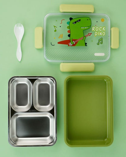 Rock Dino Stainless Steel Lunch Box with Matching Bag | 8 x 10 x 2 inches