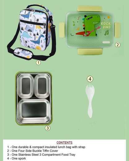 Rock Dino Stainless Steel Lunch Box with Matching Bag | 8 x 10 x 2 inches