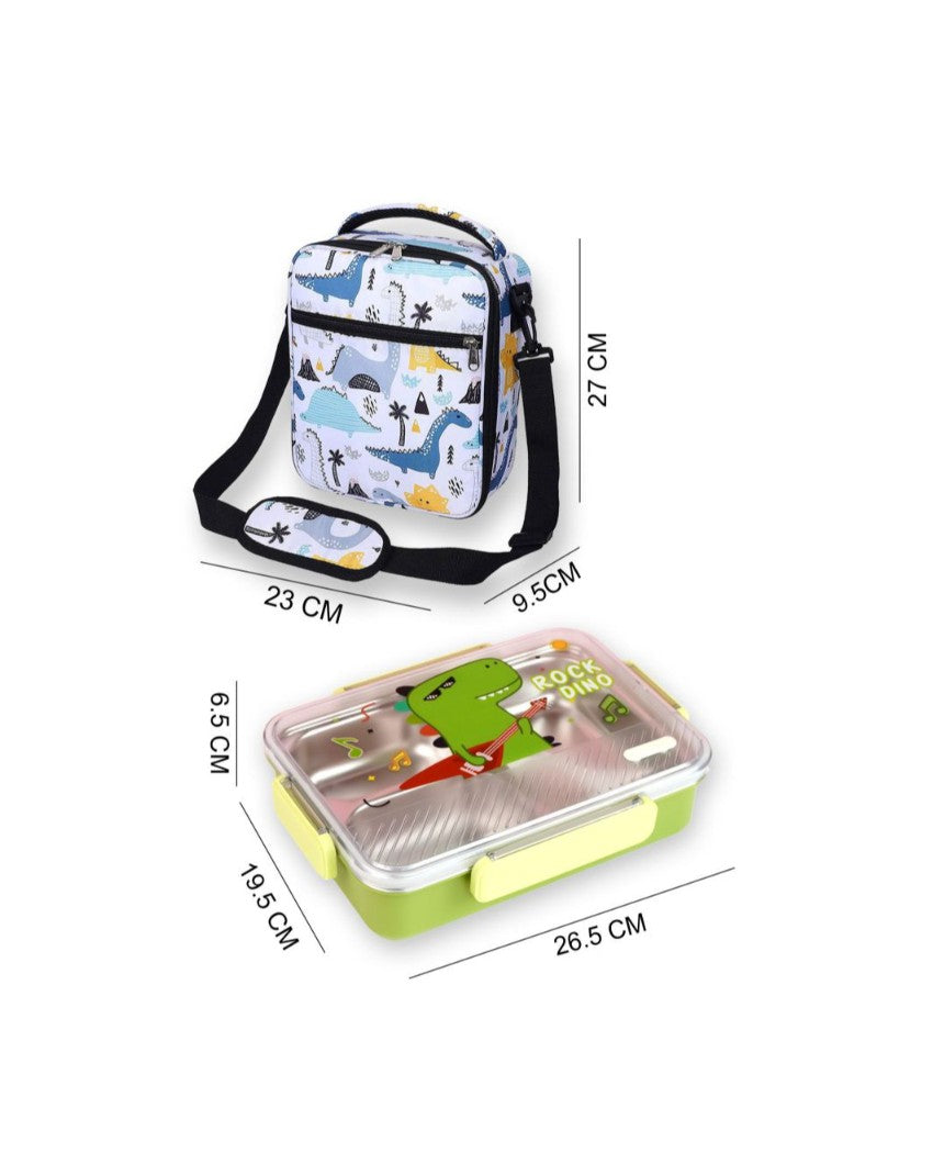 Rock Dino Stainless Steel Lunch Box with Matching Bag | 8 x 10 x 2 inches