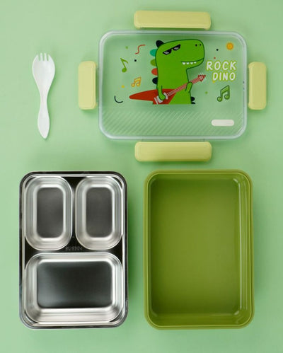 Rock Dino Green Stainless Steel Kids Lunch Box | 8 x 10 x 2 inches