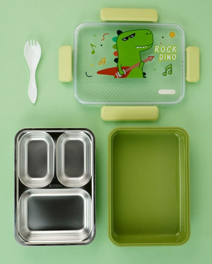 Rock Dino Green Stainless Steel Kids Lunch Box | 8 x 10 x 2 inches