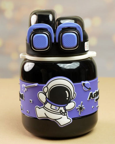 Black Two Way Lid Style Astronaut Theme Stainless Steel Kids Water Bottle | 7 x 4 inches | 660ml