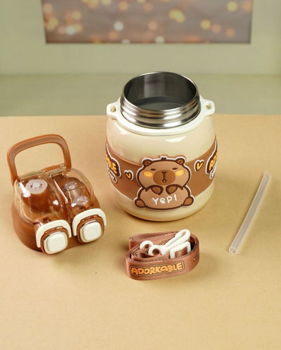 Brown Two Way Lid Style Capybara Theme Stainless Steel Kids Water Bottle | 7 x 4 inches | 660ml