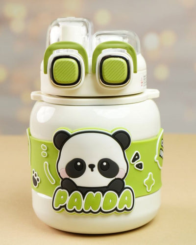 Cream Two Way Lid Style Panda Theme Stainless Steel Kids Water Bottle | 7 x 4 inches | 660ml