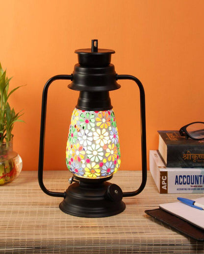 Mosaic Flower Glass Lantern Table Lamp For Living Room and Bedroom | 8 x 7 x 12.5 inches