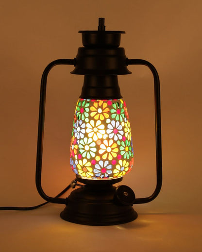 Mosaic Flower Glass Lantern Table Lamp For Living Room and Bedroom | 8 x 7 x 12.5 inches