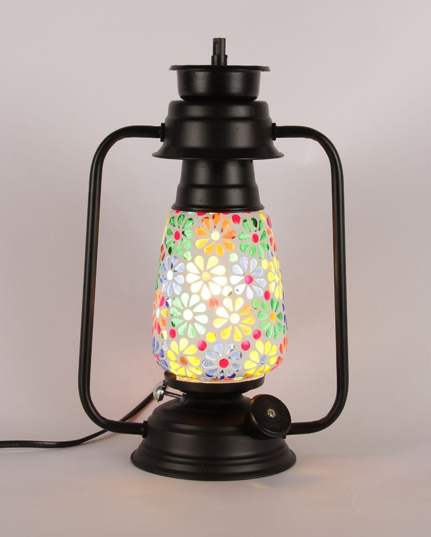 Mosaic Flower Glass Lantern Table Lamp For Living Room and Bedroom | 8 x 7 x 12.5 inches