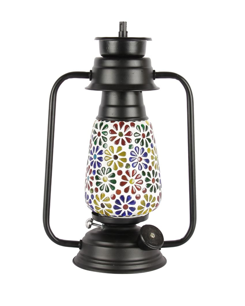 Mosaic Flower Glass Lantern Table Lamp For Living Room and Bedroom | 8 x 7 x 12.5 inches