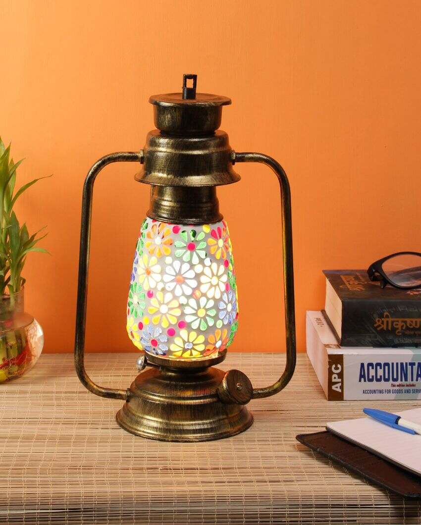 Mosaic Flower Glass Lantern Table Lamp For Living Room and Bedroom | 8 x 7 x 12.5 inches