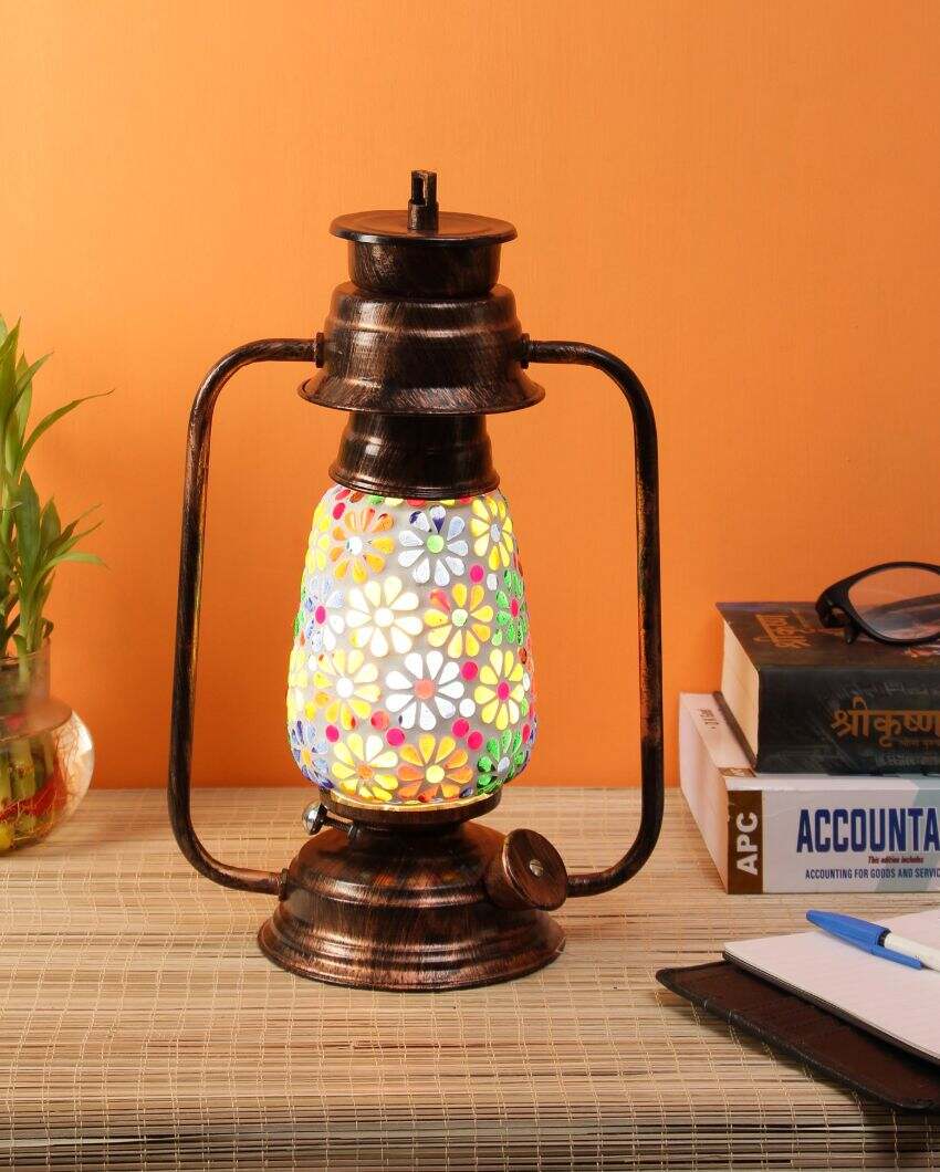 Mosaic Flower Glass Lantern Table Lamp For Living Room and Bedroom | 8 x 7 x 12.5 inches