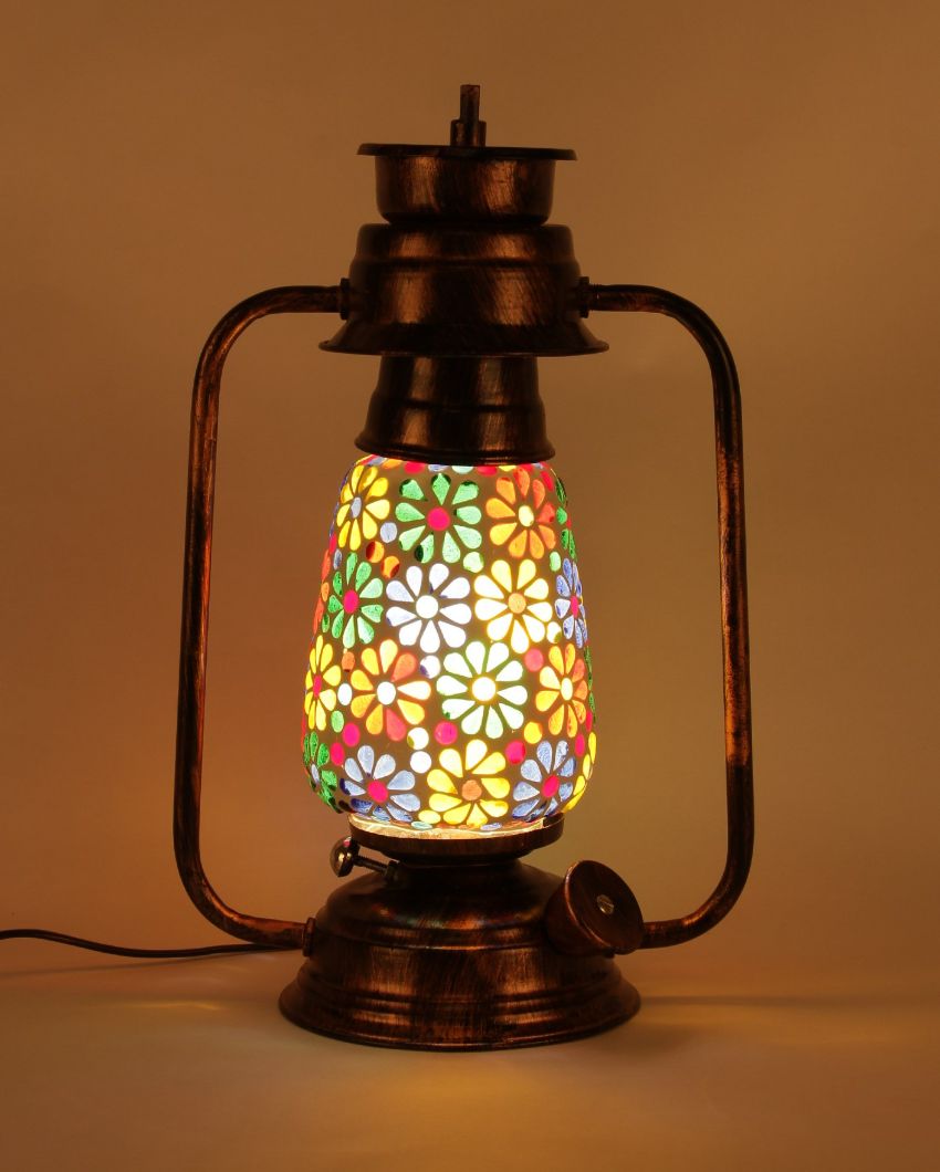 Mosaic Flower Glass Lantern Table Lamp For Living Room and Bedroom | 8 x 7 x 12.5 inches