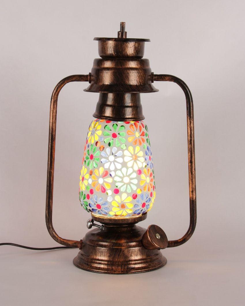 Mosaic Flower Glass Lantern Table Lamp For Living Room and Bedroom | 8 x 7 x 12.5 inches