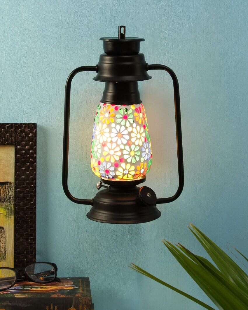 Mosaic Flowers Glass Lantern Wall Lamp For Living Room and Bedroom | 8 x 7 x 12.5 inches