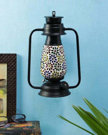 Mosaic Flowers Glass Lantern Wall Lamp For Living Room and Bedroom | 8 x 7 x 12.5 inches