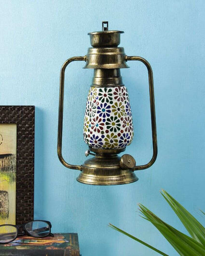 Mosaic Flowers Glass Lantern Wall Lamp For Living Room and Bedroom | 8 x 7 x 12.5 inches