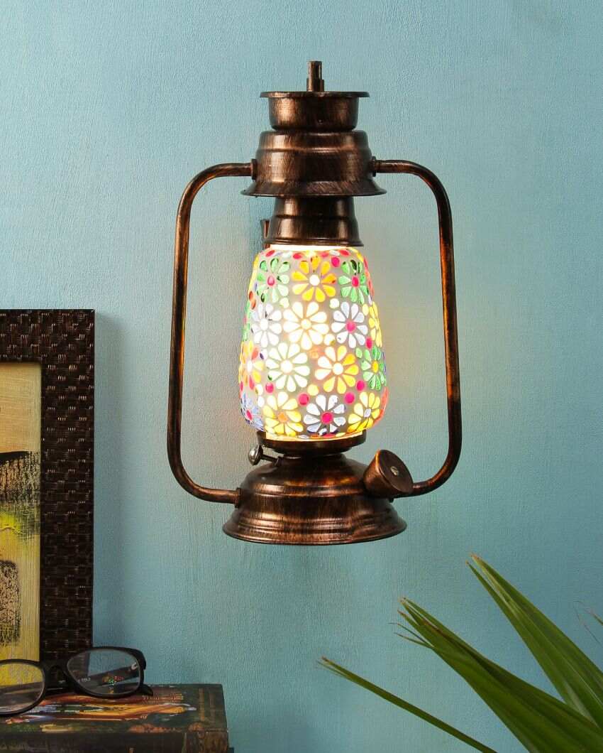 Mosaic Flowers Glass Lantern Wall Lamp For Living Room and Bedroom | 8 x 7 x 12.5 inches