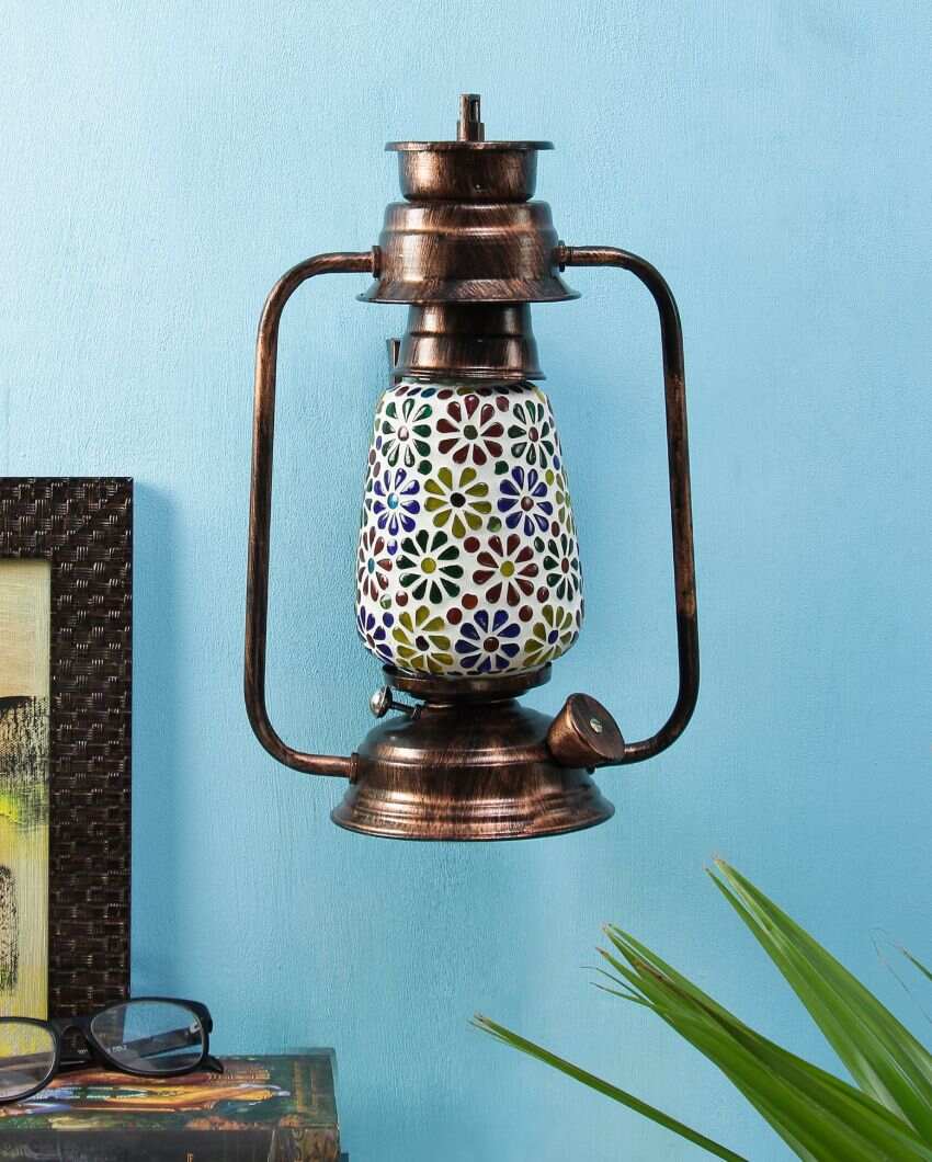 Mosaic Flowers Glass Lantern Wall Lamp For Living Room and Bedroom | 8 x 7 x 12.5 inches