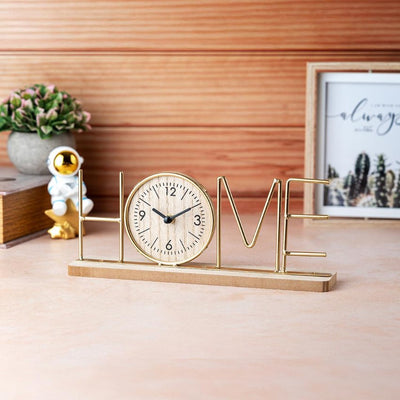 Wooden Base Clock with Elegant Gold Metal Home Letters | 12 x 2 x 5 inches