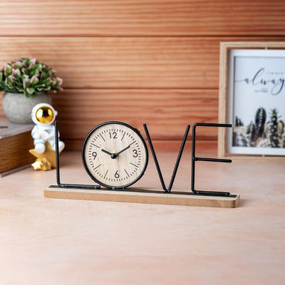 Wooden Base Clock with Stylish Black Metal Love Letters | 12 x 2 x 5 inches