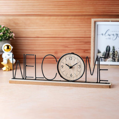 Wooden Base Clock with Stylish Black Metal Welcome Letters | 15 x 2 x 4 inches