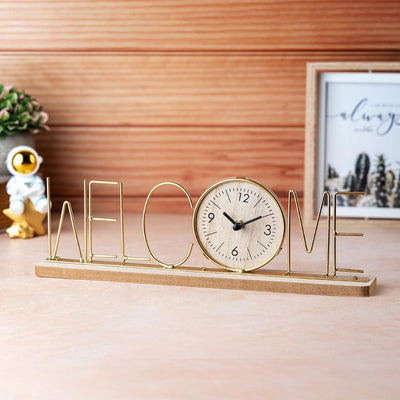 Wooden Base Clock with Elegant Gold Metal Welcome Letters | 15 x 2 x 4 inches