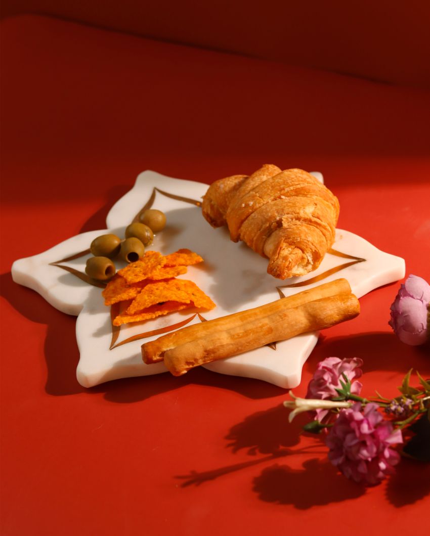 Beautiful White & Golden Shade Lotus Shaped Platter | 10 inches
