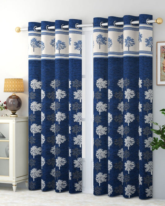 Blue Jacquard Polyester Jute Curtains | Set of 2 | 7 Ft, 9 Ft 7 ft