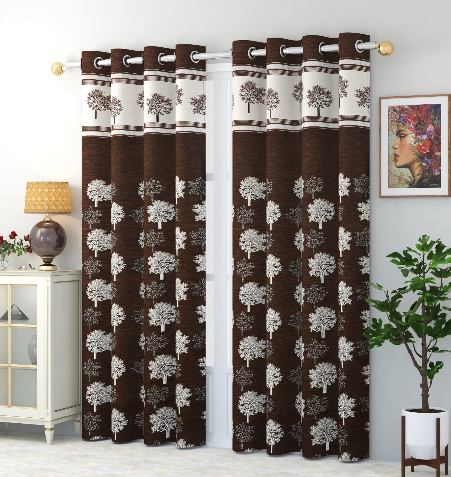 Brown Jacquard Polyester Jute Curtains | Set of 2 | 7 Ft , 9 Ft 7 ft